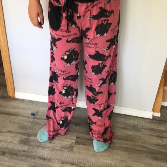 Black and hot pink Panama pants with bears on them. Front black pocket. - Picture 1 of 6